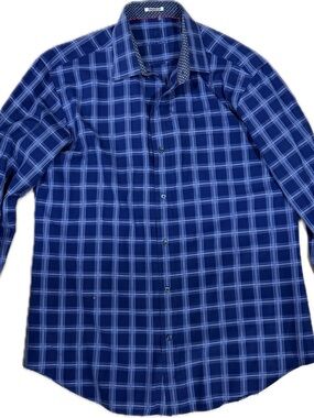 Bugatchi 100% cotton Vintage Navy Blue Plaid Button-Down Shirt